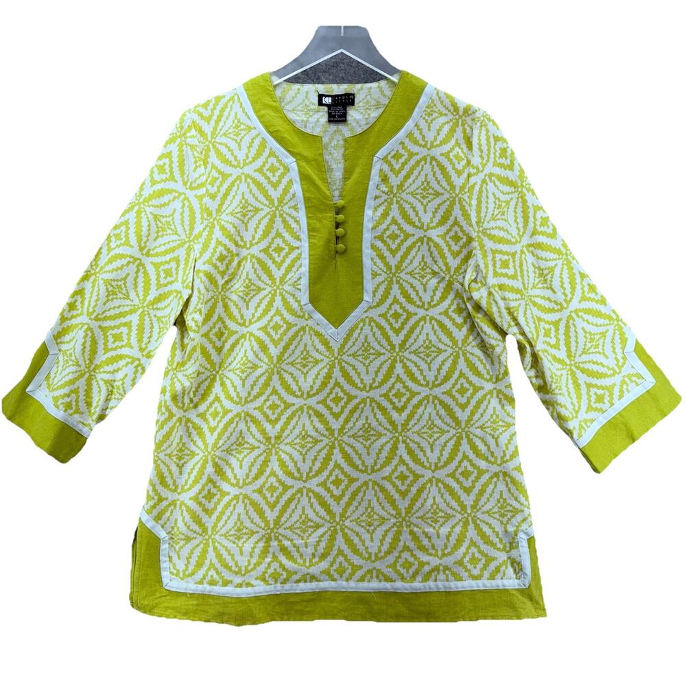 Carole Little Womens Linen Tunic Top Size L Lime Green 90s Coastal‎ Boho Beachy